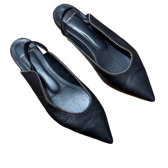 Anine Bing • Callie Slingback Gold Studded Pointed Toe Black Leather Flats 38 - Picture 5 of 13